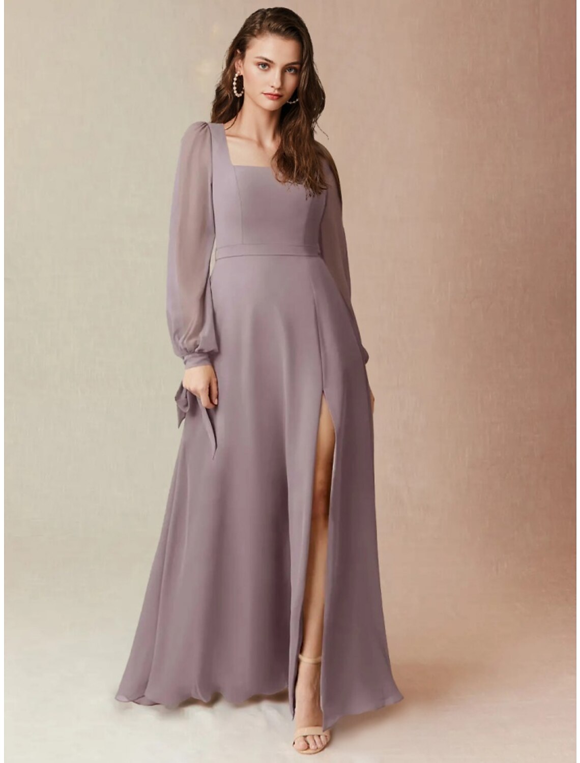 Luolandi A-Line Bridesmaid Dress Square Neck Long Sleeve Elegant Floor Length Chiffon with Split Front